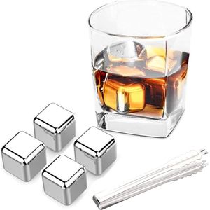 Whiskey Stones - RVS - Set Van 4 Met Tang En Opbergdoos - Herbruikbare Ijsblokjes - Whiskey Stenen