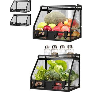 Hangende fruitmanden set van 2 - Metalen draadmanden voor keukenopslag - Wandmontage opbergrek voor snacks en groenten