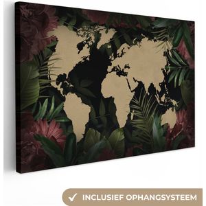 Canvas Wereldkaart - 90x60 - Wanddecoratie Wereldkaart - Bruin - Tropische planten