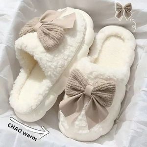 Nieuwe Dames Katoenen Slippers met Boog – Warme, Dikke Bodem Antislip Slippers voor Thuis – Postpartum Herstel Schoenen – Zoete Stijl – Maat 37-38, Comfortabele Slippers voor Binnen