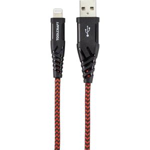 TOOLCRAFT USB-kabel USB 2.0 USB-A stekker, Apple Lightning stekker 1.00 m Zwart-rood Extreem robuust gevlochten bescher