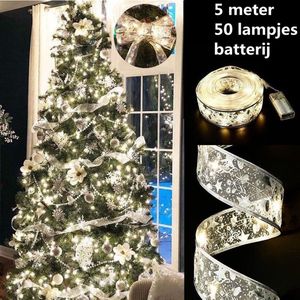 LED Kerstboom Licht Lint- 5 Meter 50 LED Lichtjes-werkt op batterij-kerstdecoratie-Wit Licht-zilver