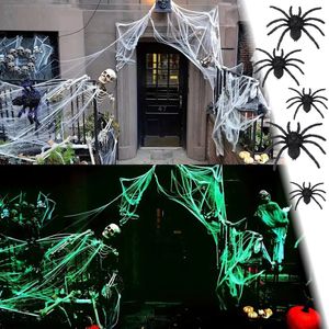Glow in the dark spinnenweb 12 m2 incl 30 nep spinnen – halloween decoratie – buiten versiering
