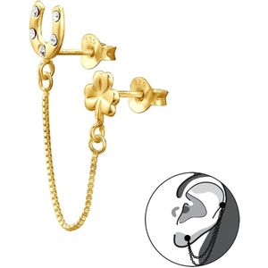 Joy|S - Zilveren hoefijzer klavertje vier oorbel - ear jacket met kettinkje - kristal - gold plated