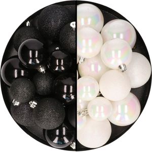 Kerstballen 60x stuks - mix parelmoer wit/zwart - 4-5-6 cm - kunststof - kerstversiering