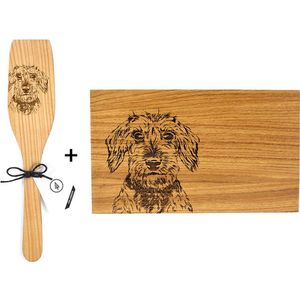 Teckel - snijplank - borrelplank - broodsnijplank - serveerbord - kooklepel - pollepel - spatel - kookspatel - hout - hond - eiken hout - ruwharig - ruwharige teckel - gravure teckel