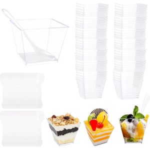 Dessertglazen plastic 115 ml - 100 stuks met soeplepels - transparant - herbruikbare dessertglazenset - pudding ijs dessert feest verjaardag