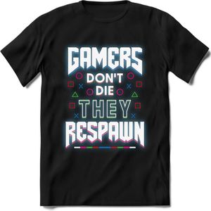 Gamers don't die T-shirt | Neon | Gaming kleding | Grappig game verjaardag cadeau shirt Heren – Dames – Unisex | - Zwart - XL