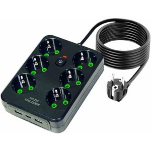 Lucky Hawk Power Socket - Zwart Stekkerdoos met 6 Stekkers en 2 USB ingangen + 1 USB-C - 2500W vermogen 2meter snoer