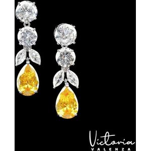 Victoria Valenza Monte Carlo Luxe Oorbellen Dames Messing Oorhangers Dames Oorringen - Gele Steen - Kleur Zilver - 1 Paar