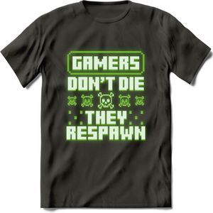 Gamers don't die pixel T-shirt | Neon Groen | Gaming kleding | Grappig game verjaardag cadeau shirt Heren – Dames – Unisex | - Donker Grijs - S