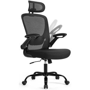 Signature Home Ergonomische bureaustoel - draaistoel bureaustoel - met gaas - gewatteerde lendensteun - schommelfunctie - zitting van 53 cm, opklapbare armleuningen - hoofdsteun - Zwart