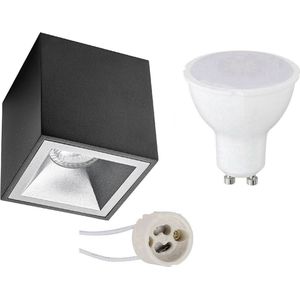 Opbouwspot Set - Pragmi Cliron Pro - GU10 Fitting - Opbouw Vierkant - Mat Zwart/Zilver - 6W - Warm Wit 3000K - Verdiept - 90mm