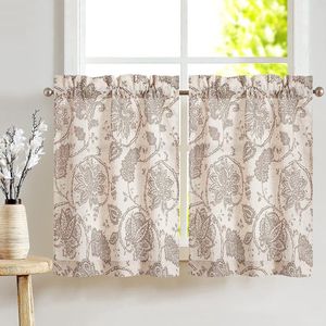 Netgordijn, linnen gordijn, bistrogordijn met bloemenprint, semi-transparant gordijn, raamgordijn voor keuken, woonkamer, landhuis, set van 2, 65 W x 90 H (cm) bruin op beige