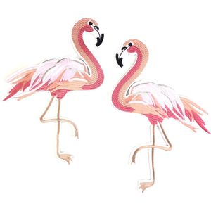 Roze Flamingo XXL Strijk Embleem Patch Set L+R 18 cm / 28 cm / Roze Zalm Wit Zilver