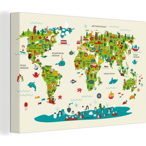 Canvas Wereldkaart - 120x80 - Wanddecoratie Wereldkaart Kinderen - Groen - Dieren