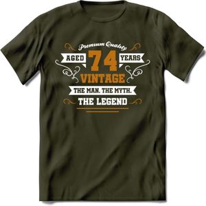 74 Jaar Legend T-Shirt | Goud - Wit | Grappig Verjaardag en Feest Cadeau Shirt | Dames - Heren - Unisex | Tshirt Kleding Kado | - Leger Groen - S