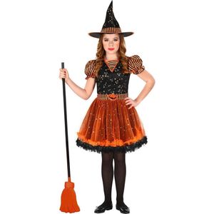 Widmann - Heks & Spider Lady & Voodoo & Duistere Religie Kostuum - Laag Vliegende Heks Halloween - Meisje - Oranje, Zwart - Maat 128 - Halloween - Verkleedkleding