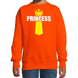 Koningsdag sweater Princess met kroontje oranje - kinderen - Kingsday outfit / kleding / trui 118/128 (7-8 jaar)