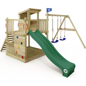 WICKEY speeltoestel klimtoestel Smart Cabin met schommel & groen glijbaan, outdoor klimtoren voor kinderen met zandbak, ladder & speelaccessoires voor de tuin