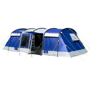 Skandika Montana 12 Sleeper Tent – Tunneltenten – Sleeper Technology (extra donkere slaapcabines) - Familietent – Voor 12 personen – Ingenaaide tentvloer - Muggengaas – 2-4 slaapcabines – 200cm stahoogte – 700x420x200cm (LxBxH) – Kamperen – blauw/wit