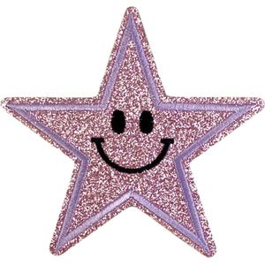 Smiley Ster Strijk Embleem Patch Glitter Licht Roze 9 cm / 9 cm / Roze Zwart