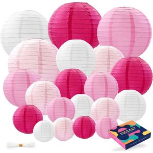 Fissaly 20 Stuks Lampionnen Set Versiering Roze & Wit – Feest Decoratie – Verjaardag, Babyshower & Gender Reveal - Papier