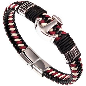 Gevlochten Leren Armband met RVS Anker - Heren - Rood/Wit/Zwart Leer - Stalen Sluiting