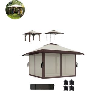 Partytent opvouwbaar - Paviljoen - 4 x 4 m - Easy up - Waterdicht - met Zijwanden - Weerbestendig - Beige