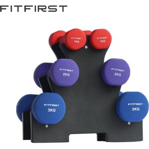 FitFirst Dumbell Set - Dumbellset met houder - Yoga Dumbells - 12 KG - 6 Dumbells