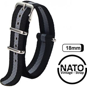 18mm Premium Nato Strap Zwart Grijs - Vintage James Bond - Nato Strap collectie - Mannen - Vrouwen - Horlogeband - 18 mm bandbreedte voor oa. Seiko Rolex Omega Casio en Citizen