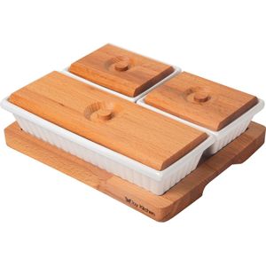 Joy Kitchen tapasplank met drie tapas schaaltjes | borrelplank | serveerplank | borrelpakket | borrelplank hout | cadeau borrel pakket | porseleinen schaaltjes | houten dienblad | etagere met bakjes | houten deksel | tapas schaaltjes