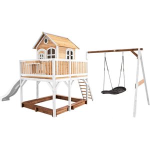 AXI Liam Speelhuis in Bruin/Wit - Met Verdieping, Zandbak, Roxy Nestschommel en Witte Glijbaan - Speelhuisje voor de tuin / buiten - FSC hout - Speeltoestel voor kinderen