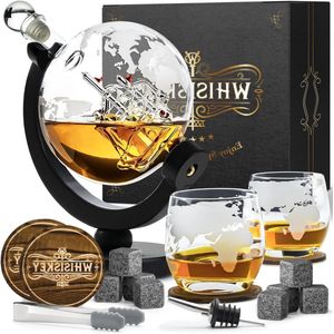 - Wereldbol Karaf 900ml - Luxe Whisky Karaf Set - Decanteer karaf - Cadeau voor mannen - 8 Whiskey Stones 2 Whiskey Glazen x 285ML & Extra Accessoires