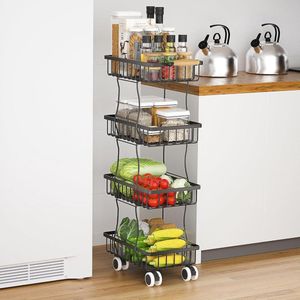 Keukenwagen op wielen met 4 niveaus, metalen keukenrek voor kleine ruimtes in keuken, eetkamer, badkamer, met handvat en remmen, zwart