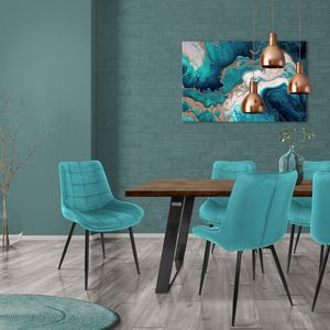 ML-Design Set van 6 eetkamerstoelen met rugleuning, turquoise, keukenstoel met fluwelen bekleding, gestoffeerde stoel met metalen poten, ergonomische stoel voor eettafel, woonkamerstoel keukenstoelen
