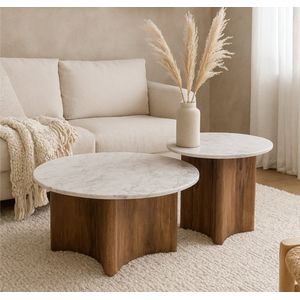 Salontafelset - Wit - Marmer/Walnoot - Set van 2 Tafels