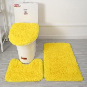 3 stuks antislip Shaggy badkamer tapijt set, U-vormige contour toilet tapijt water absorberende badkamer mat toilet deksel cover geel