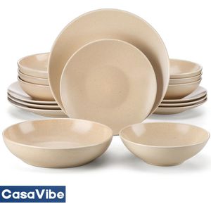 CasaVibe Luxe Serviesset – 16 delig – 4 persoons – Porselein - Bordenset – Dinner platen – Dessertborden - Kommen - Set - Beige