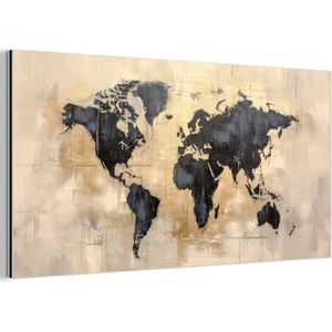 Aluminium schilderij 120x60 cm - Wanddecoratie metaal - Wereldkaart - Goud - Zwart - Abstract - Metalen muurdecoratie woonkamer - Decoratie industrieel - Foto op dibond - Industriële accessoires slaapkamer