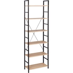 Kamyra® Boekenkast met 6 Lagen - Opbergkast - Wandkast - Ladderrek - Licht Eik / Zwart 60x28x180 cm