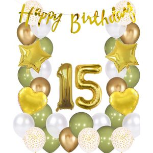 Snoes Ballonnen 15 Jaar Wit Olijf Groen Goud Mega Ballon - Compleet Feestpakket 15 Jaar - Verjaardag Versiering Slinger Happy Birthday – Folieballon – Latex Ballonnen - Helium Ballonnen - Olive Green Verjaardag Decoratie