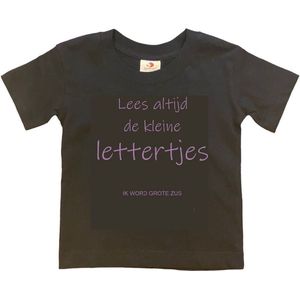 Shirt Aankondiging zwangerschap ""Lees altijd de kleine lettertjes (ik word grote zus)"" | korte mouw | Zwart/lila | maat 98/104 zwangerschap aankondiging bekendmaking Baby big bro Sis Sister