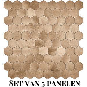 Wallways Wandpanelen - Plaktegels - Set van 5 Tegels - Tegelsticker - Zelfklevende Tegels - 4MM dik - Aluminium toplaag - Waterdicht - Krasbestendig - Hittebestendig - 3M Kleeflaag - Hexagon Bronze
