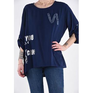 Viscose top met verstelbare mouwen en een ronde hals DONKER BLAUW, maat 40/42