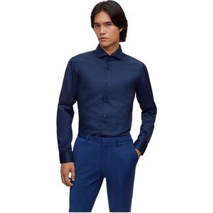 HUGO Kason slim fit overhemd - twill - blauw - Strijkvriendelijk - Boordmaat: 38