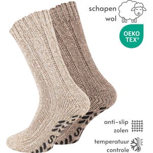 Noorse Dikke Wollen Sokken met antislip - Set van 2 paar - Beige & Bruin - maat 43-46 - Huissokken Dames/Heren/Dikke Wintersokken/Hygge