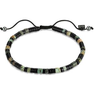 Twice As Nice Armband in edelstaal, ringetjes, groene zwarte natuursteentjes op touw 21 cm