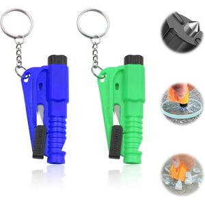 Noodhamer voor de auto 2 stuks met gordelsnijder en fluitje 3-in-1 (blauw en groen)