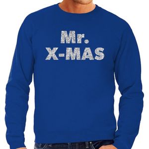 Foute Kersttrui / sweater - Mr. x-mas - zilver / glitter - blauw - heren - kerstkleding / kerst outfit XXL